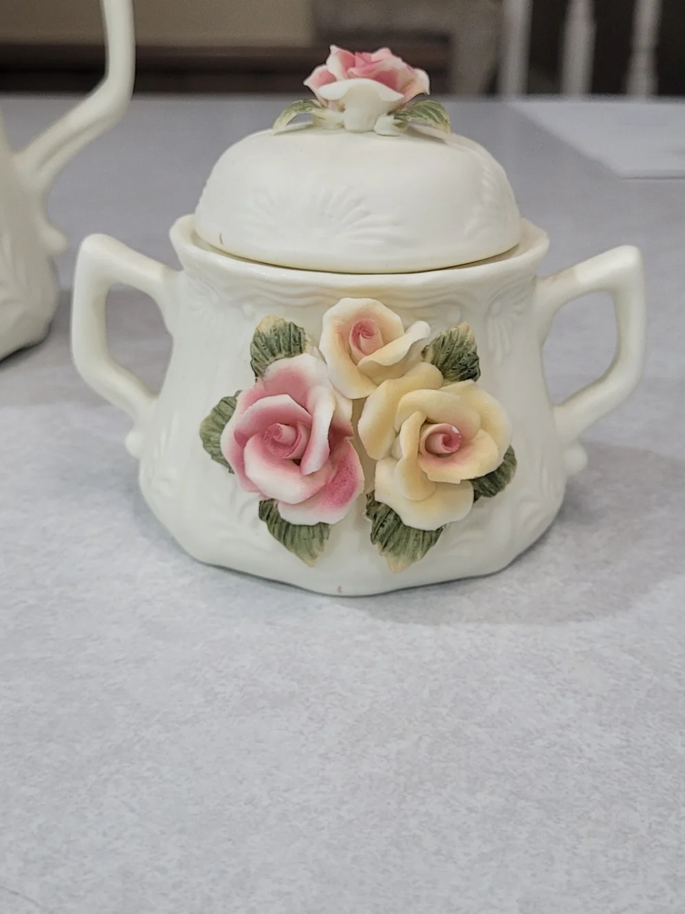 Source Unknown Cream Porcelain Coffee Set with Pink & Yellow Rose Appliques